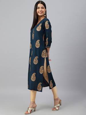 Teal-blue printed rayon ethnic-kurtis 3