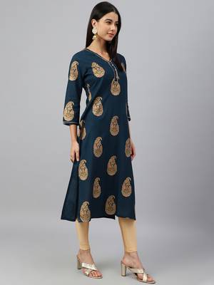 Teal-blue printed rayon ethnic-kurtis 4