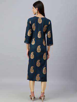 Teal-blue printed rayon ethnic-kurtis 5
