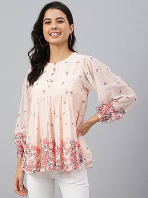 Peach printed georgette party-tops 1