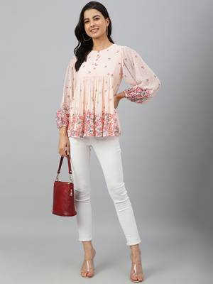 Peach printed georgette party-tops 2