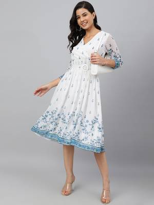 White printed georgette long-dresses 1