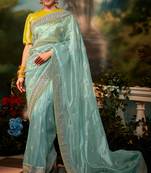 Light turquoise plain organza saree with blouse