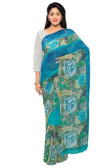Blue Printed Georgette Saree With Blouse