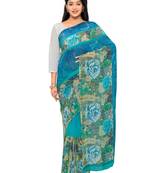 Blue Printed Georgette Saree With Blouse