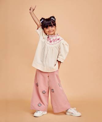 Red Cotton Animal Embroidered Flared Pants 1