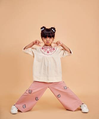 Red Cotton Animal Embroidered Flared Pants 2