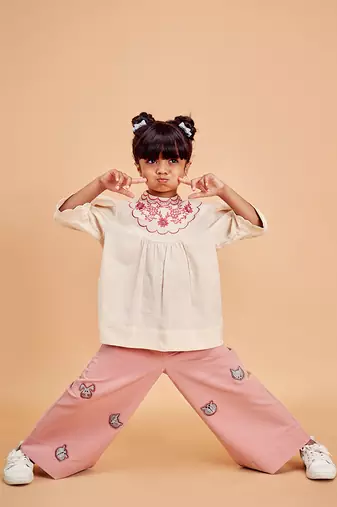 Red Cotton Animal Embroidered Flared Pants