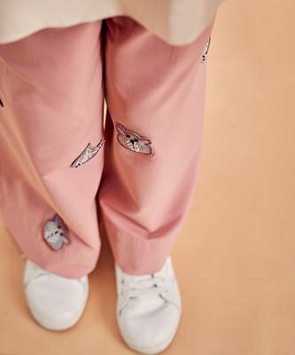 Red Cotton Animal Embroidered Flared Pants 3