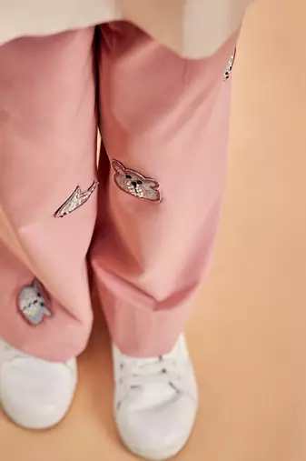 Red Cotton Animal Embroidered Flared Pants