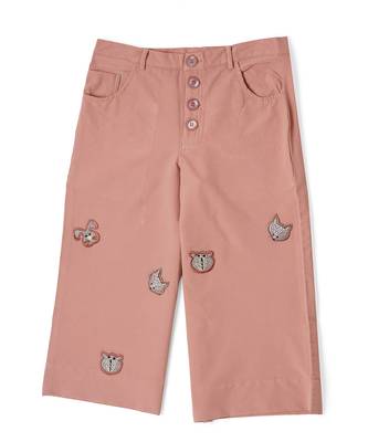 Red Cotton Animal Embroidered Flared Pants 4