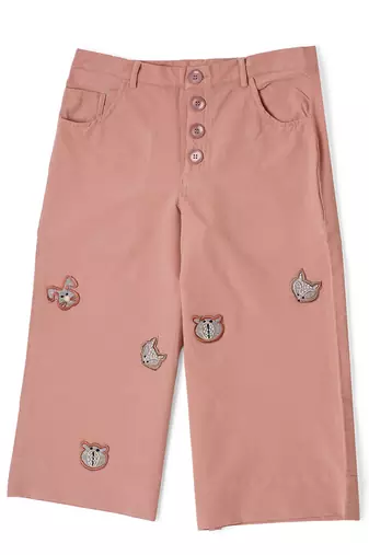Red Cotton Animal Embroidered Flared Pants