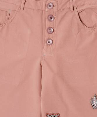 Red Cotton Animal Embroidered Flared Pants 5