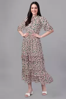 Cream printed georgette long-dresses
