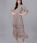 Cream printed georgette long-dresses