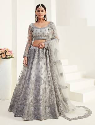 Intriguing Grey Coding Embroidered Net & Silk Satin Lehenga Choli For Wedding 1