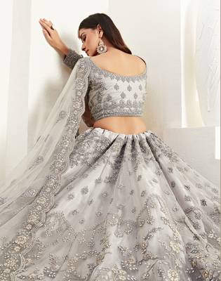 Intriguing Grey Coding Embroidered Net & Silk Satin Lehenga Choli For Wedding 2