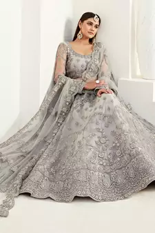 Intriguing Grey Coding Embroidered Net & Silk Satin Lehenga Choli For Wedding
