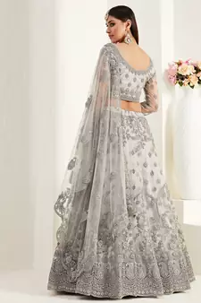 Intriguing Grey Coding Embroidered Net & Silk Satin Lehenga Choli For Wedding