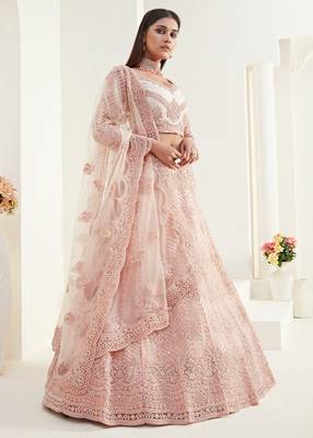 Peach Coding Embroidered 2-Layer With Net And Silk Satin Semi Stitched Lehenga 1