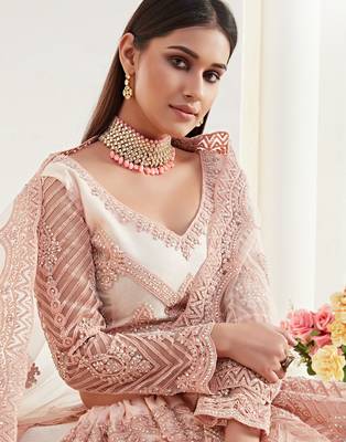 Peach Coding Embroidered 2-Layer With Net And Silk Satin Semi Stitched Lehenga 2