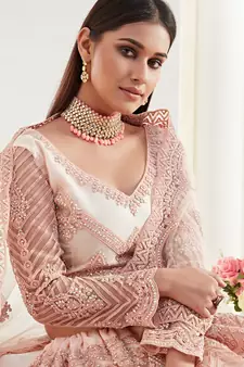 Peach Coding Embroidered 2-Layer With Net And Silk Satin Semi Stitched Lehenga