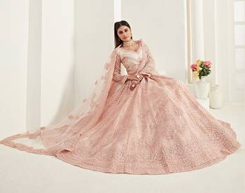 Peach Coding Embroidered 2-Layer With Net And Silk Satin Semi Stitched Lehenga 3