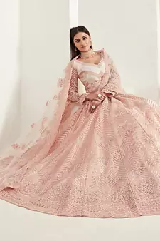 Peach Coding Embroidered 2-Layer With Net And Silk Satin Semi Stitched Lehenga