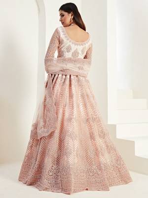Peach Coding Embroidered 2-Layer With Net And Silk Satin Semi Stitched Lehenga 4