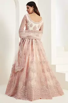 Peach Coding Embroidered 2-Layer With Net And Silk Satin Semi Stitched Lehenga