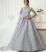 Provocative Periwinkle Coding Embroidered Net & Silk Satin Lehenga Choli For Wedding