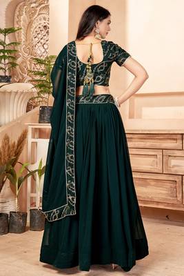 Green embroidered georgette semi stitched lehenga 3