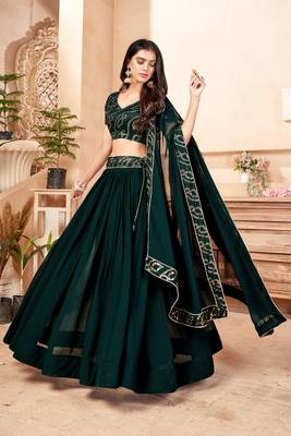 Green embroidered georgette semi stitched lehenga 4
