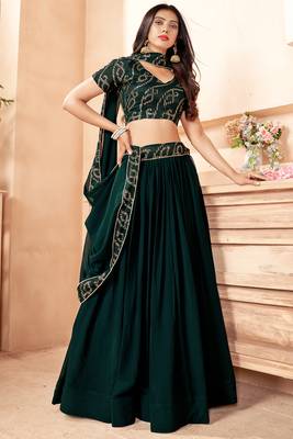 Green embroidered georgette semi stitched lehenga 5