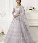 Pleasing Lavender Coding Embroidered Net & Silk Satin Lehenga Choli For Bride