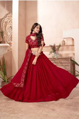 Red embroidered georgette semi stitched lehenga 1