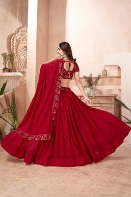 Red embroidered georgette semi stitched lehenga 2