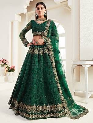 Green Coding Embroidered 2-Layer With Net And Silk Satin Semi Stitched Lehenga 1