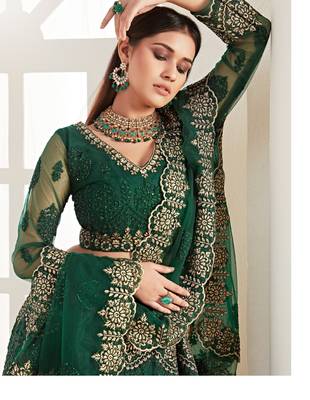 Green Coding Embroidered 2-Layer With Net And Silk Satin Semi Stitched Lehenga 2