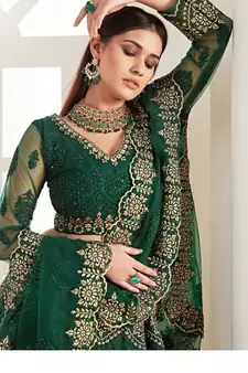 Green Coding Embroidered 2-Layer With Net And Silk Satin Semi Stitched Lehenga