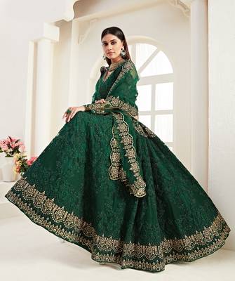 Green Coding Embroidered 2-Layer With Net And Silk Satin Semi Stitched Lehenga 3