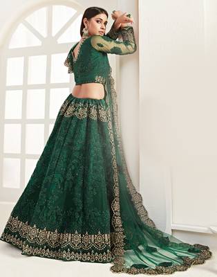 Green Coding Embroidered 2-Layer With Net And Silk Satin Semi Stitched Lehenga 4