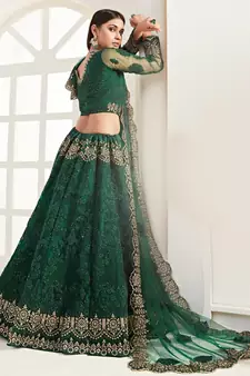 Green Coding Embroidered 2-Layer With Net And Silk Satin Semi Stitched Lehenga