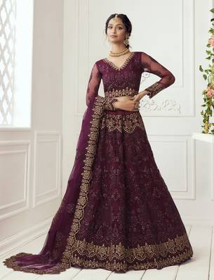 Pleasant Wine Coding Embroidered Net & Silk Satin Lehenga Choli For Wedding 1