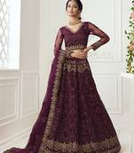 Pleasant Wine Coding Embroidered Net & Silk Satin Lehenga Choli For Wedding