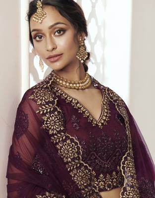Pleasant Wine Coding Embroidered Net & Silk Satin Lehenga Choli For Wedding 2