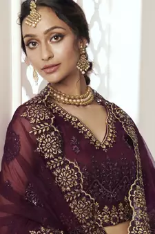 Pleasant Wine Coding Embroidered Net & Silk Satin Lehenga Choli For Wedding