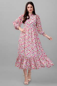 Pink printed georgette long-dresses