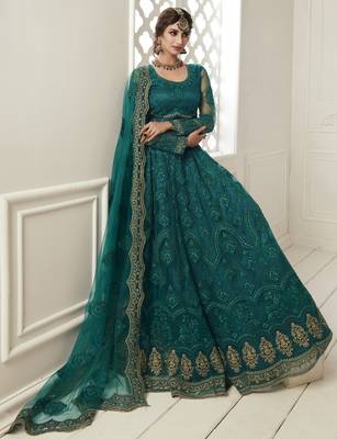  Teal Green Coding Embroidered Net & Silk Satin Lehenga Choli For Bride 2