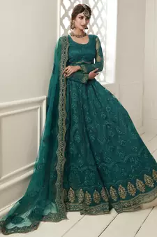  Teal Green Coding Embroidered Net & Silk Satin Lehenga Choli For Bride